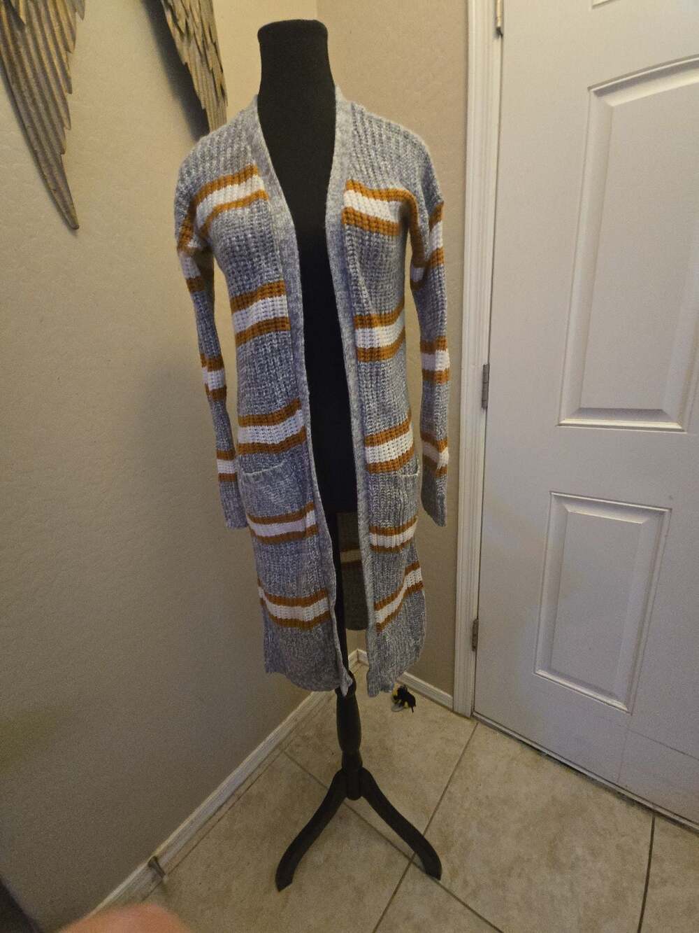 Pink Rose Longline Striped‎ Open-Front Duster Cardigan Sweater Size S